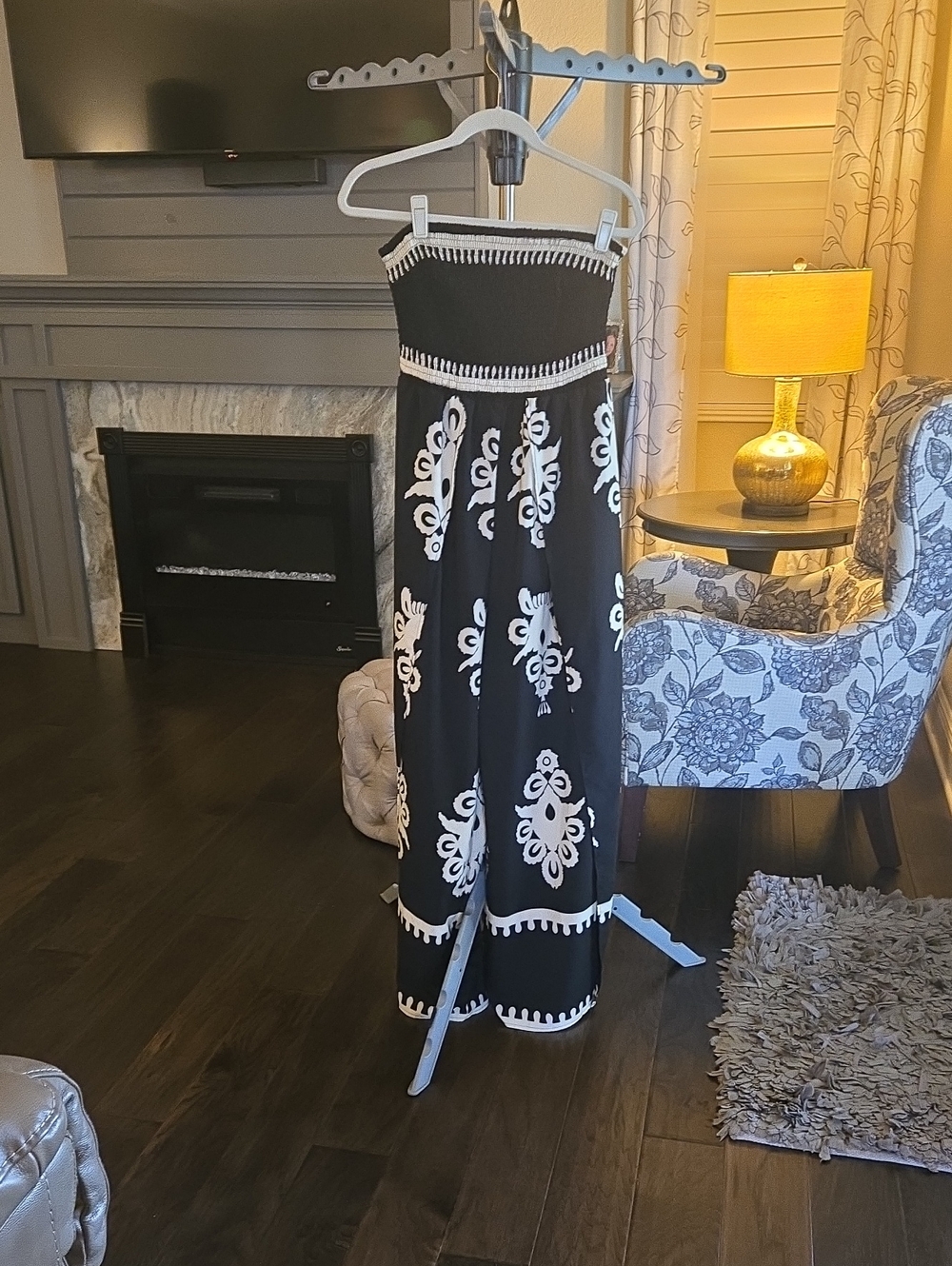 Strapless Black Maxi Dress with White Embroidered Motif